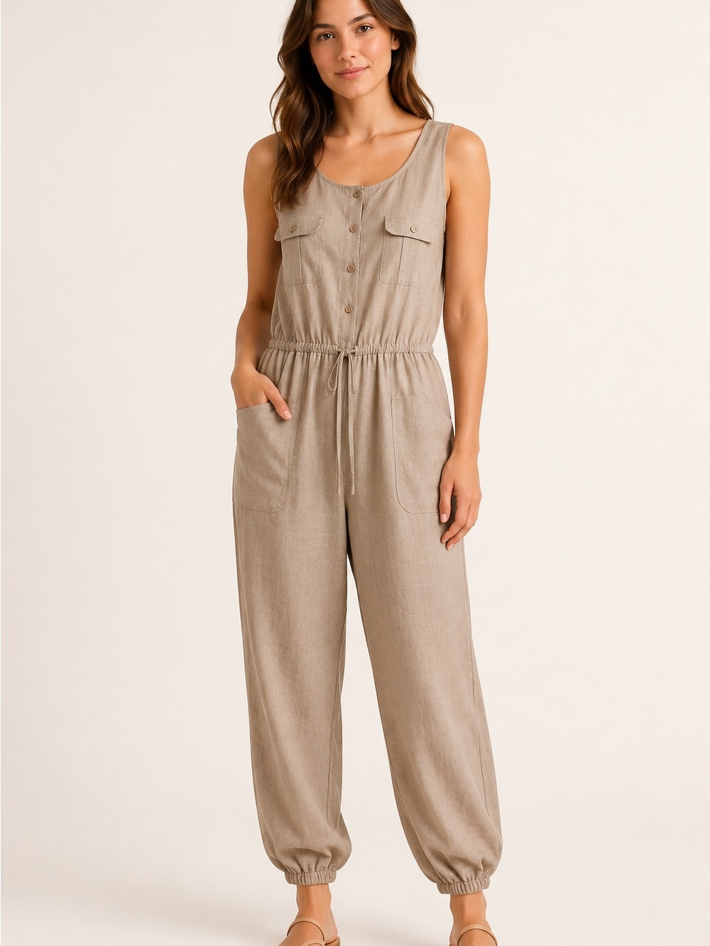 Ci Sono Sleeveless Utility Jumpsuit in Taupe
